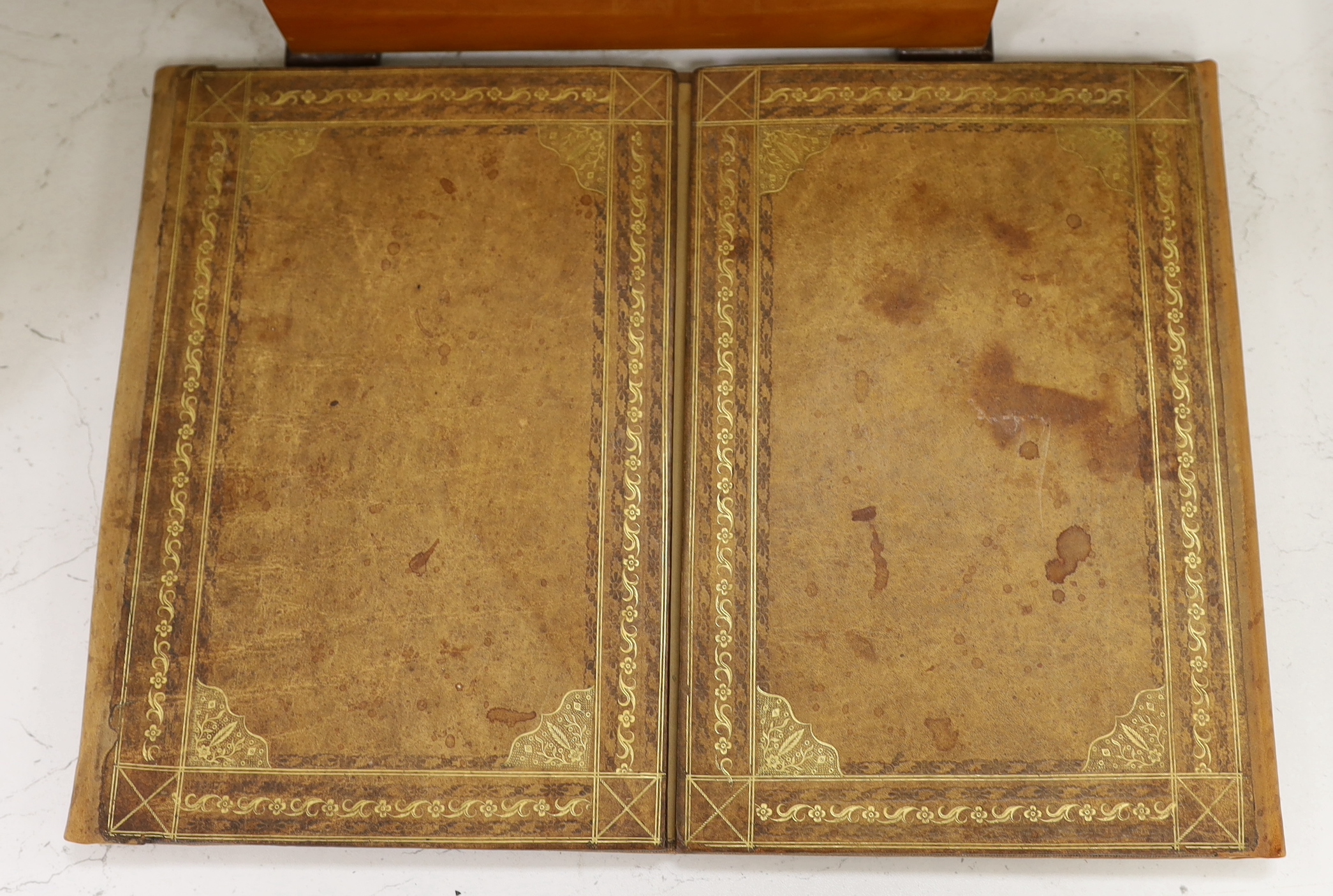A George IV rosewood twin canister tea caddy, a chequer inlaid box and a leather blotter pad (3)